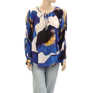 Frogbox Printed Blouse Top Ruffle Long Cutout Long Sleeve Blue M NEW 278275